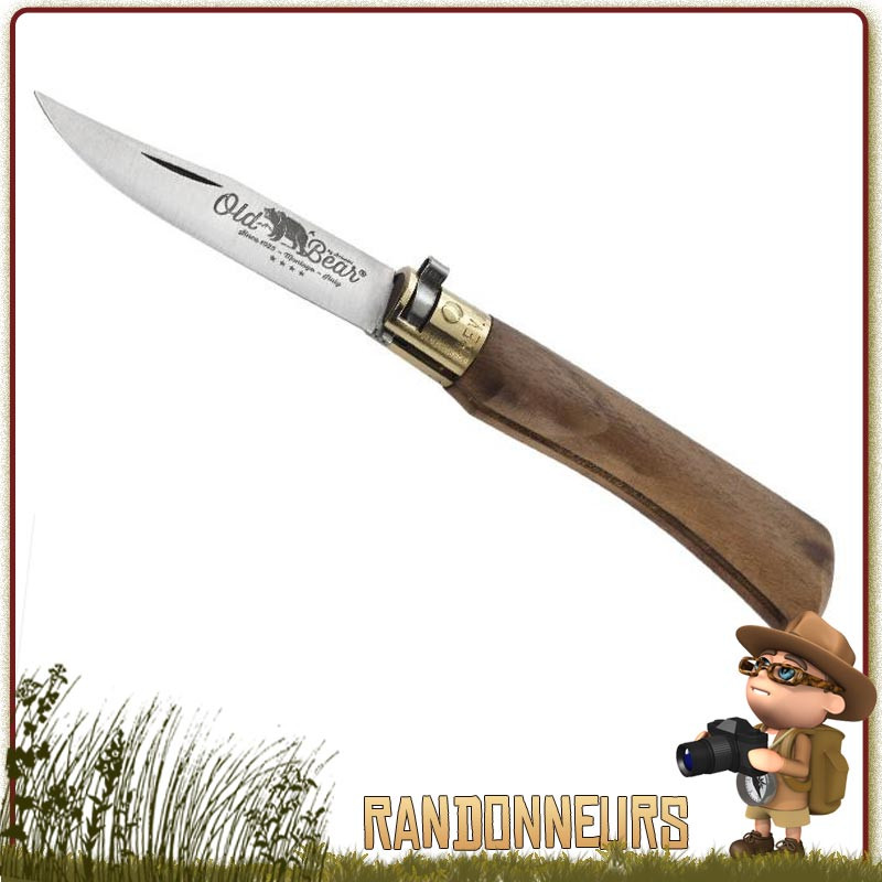 Couteau trekking pliant Old Bear manche 11 cm bois noyer traité huile lame acier AISI 420 satiné 8 cm avec virole sécurité Couteau trekking pliant Old Bear manche 11 cm bois noyer traité huile lame acier AISI 420 satiné 8 cm avec virole sécurité