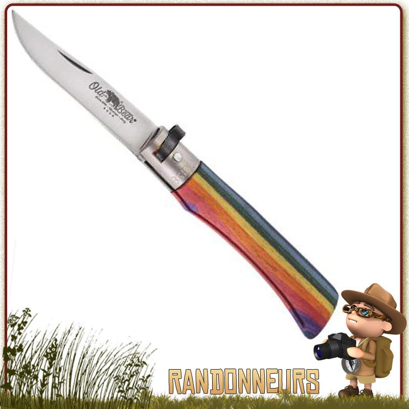 Couteau Old Bear Rainbow, lame acier AISI 420 de 7 cm avec virole de sécurité en laiton nickelé Couteau Old Bear Rainbow, lame acier AISI 420 de 7 cm avec virole de sécurité en laiton nickelé