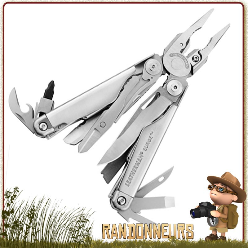 21 fonctions et 1 embout, l'outils pince SURGE Leatherman tout acier inox, ultra robuste de survie 21 fonctions et 1 embout, l'outils pince SURGE Leatherman tout acier inox, ultra robuste de survie