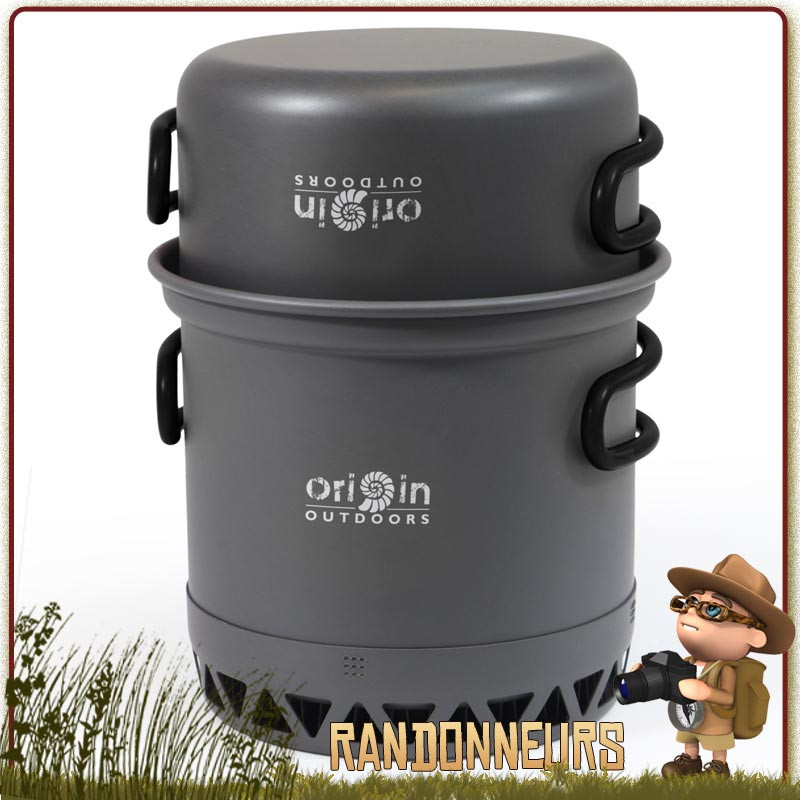 Popote Trekking Optimisée Origin Outdoors avec répartiteur de chaleur coupe vent intégré pour réchaud gaz Popote Trekking Optimisée Origin Outdoors avec répartiteur de chaleur coupe vent intégré pour réchaud gaz