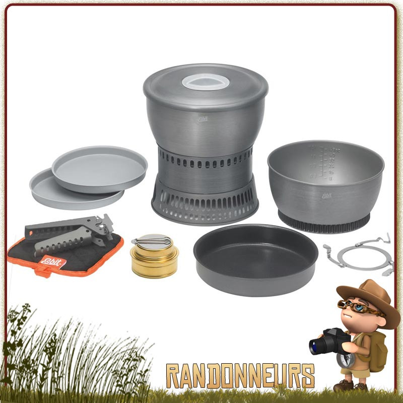 Efficace et complète, la batterie de cuisine Esbit CS2350WN comporte de nombreux accessoires et un bruleur alcool Spirit esbit Efficace et complète, la batterie de cuisine Esbit CS2350WN comporte de nombreux accessoires et un bruleur alcool Spirit esbit