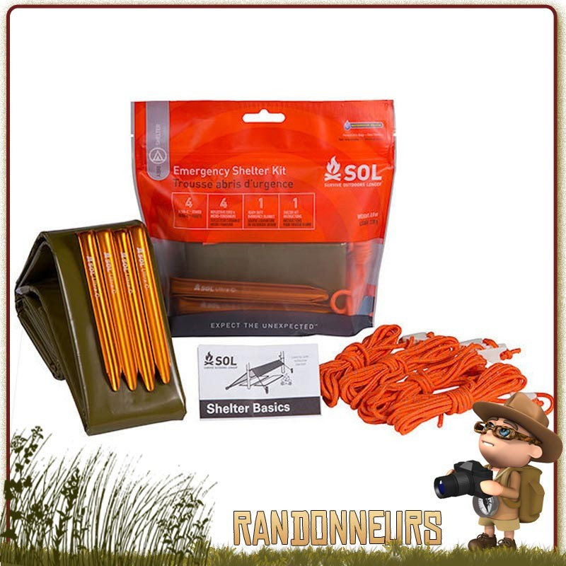 kit abri d'urgence SOL survive outdoors longer pour randonneurs avec bâche tarp abri, piquets et cordages kit abri d'urgence SOL survive outdoors longer pour randonneurs avec bâche tarp abri, piquets et cordages