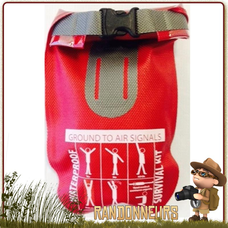 Kit survie étanche BCB complet, pochette étanche rouge avec indication des signaux de survie pour les secours Kit survie étanche BCB complet, pochette étanche rouge avec indication des signaux de survie pour les secours