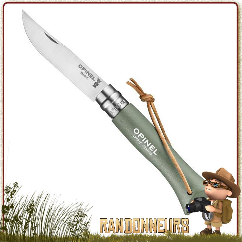 Couteau manche en bois de charme fermant Opinel 6 VRI vernis Vert Sauge de 9.3 cm avec lacet cuir Couteau manche en bois de charme fermant Opinel 6 VRI vernis Vert Sauge de 9.3 cm avec lacet cuir