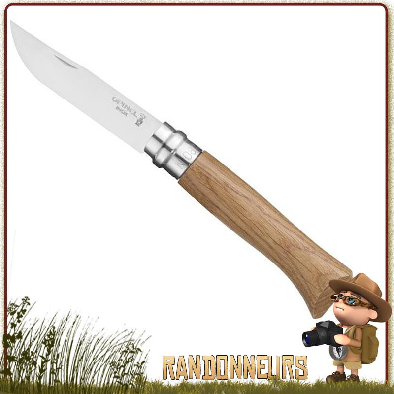 Couteau fermant Opinel 8 VRI manche en bois de chêne vernis de 11 cm. Lame acier inox sandvik 12C27 modifié Couteau fermant Opinel 8 VRI manche en bois de chêne vernis de 11 cm. Lame acier inox sandvik 12C27 modifié