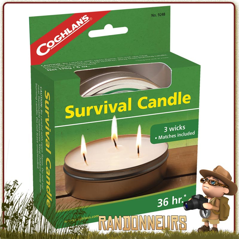 Bougie de survie longue durée, avec trois mèches indépendantes, le tout dans une boite aluminium coghlans Bougie de survie longue durée, avec trois mèches indépendantes, le tout dans une boite aluminium coghlans