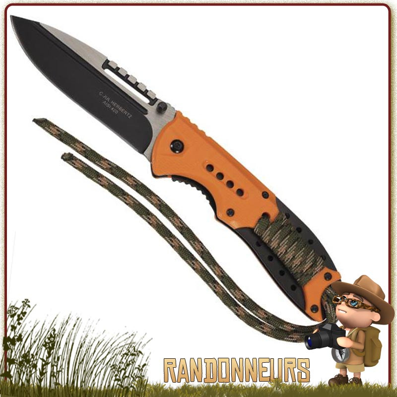Couteau pliant de survie lame à trou 9.5 cm noire acier 420 à cran intérieur et bouton double manche abs paracorde nylon Couteau pliant de survie lame à trou 9.5 cm noire acier 420 à cran intérieur et bouton double manche abs paracorde nylon